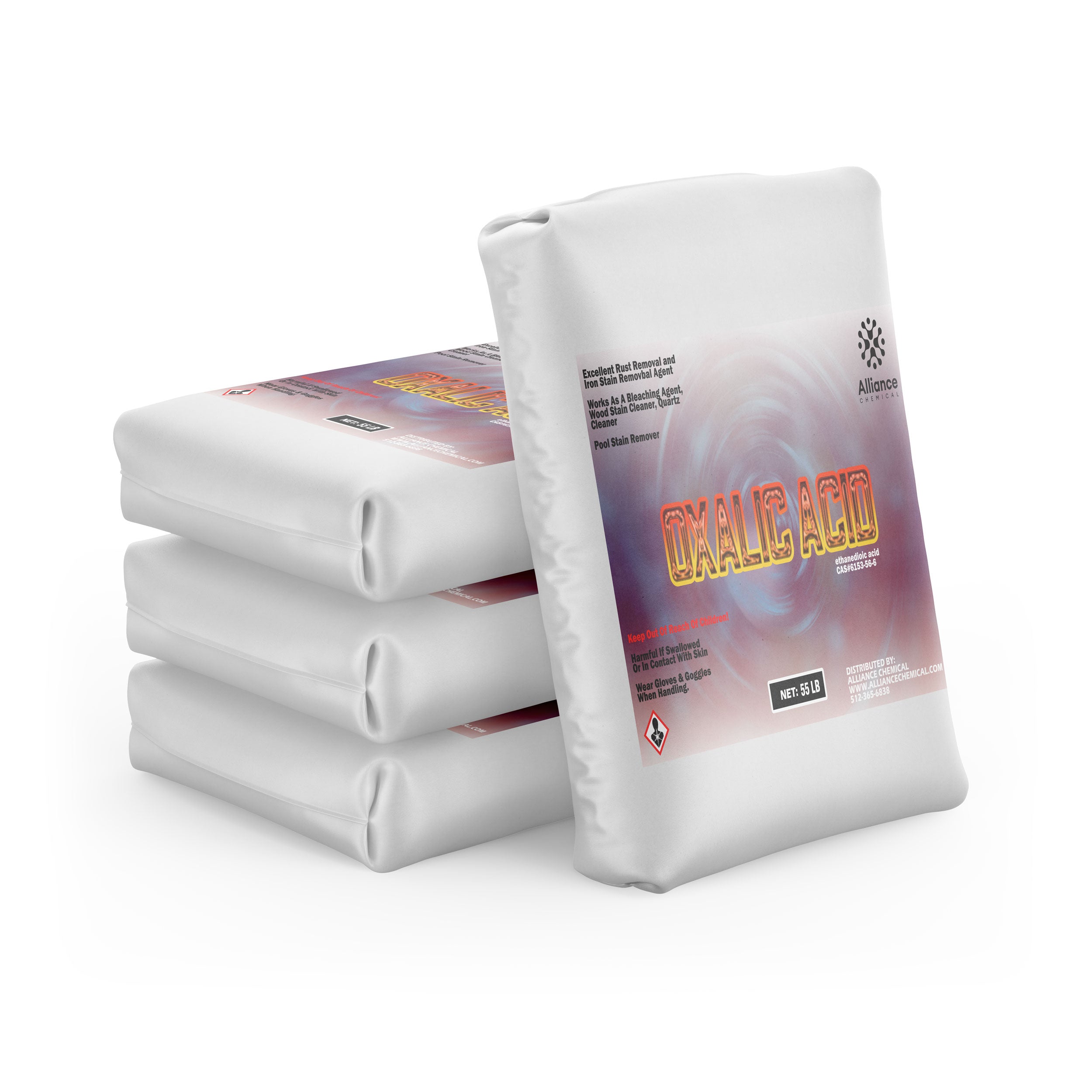 55-lb bags of Oxalic Acid Dihydrate, industrial-grade rust/stain remover, stacked with hazard warning symbol, Alliance Chemical white packaging.